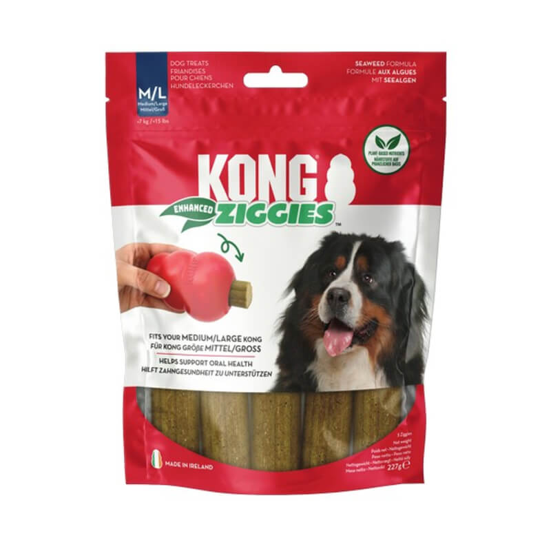 KONG Ziggies Enhanced Medium Large 227g dental chews for dogs, in KONG branded packaging.