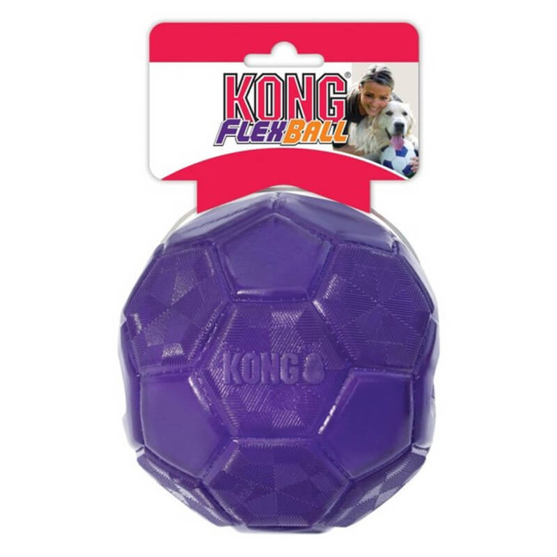 KONG Flexball Medium/Large durable dog toy by KONG, in packaging with woman and dog label.
