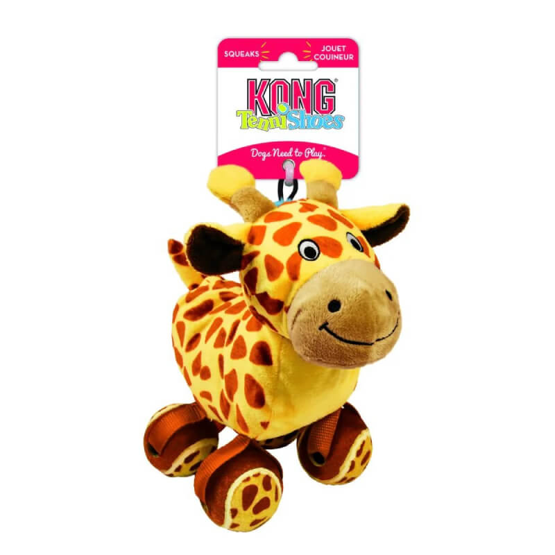 Kong TenniShoes Giraffe Small dog toy with tennis shoes and attached KONG brand tag.