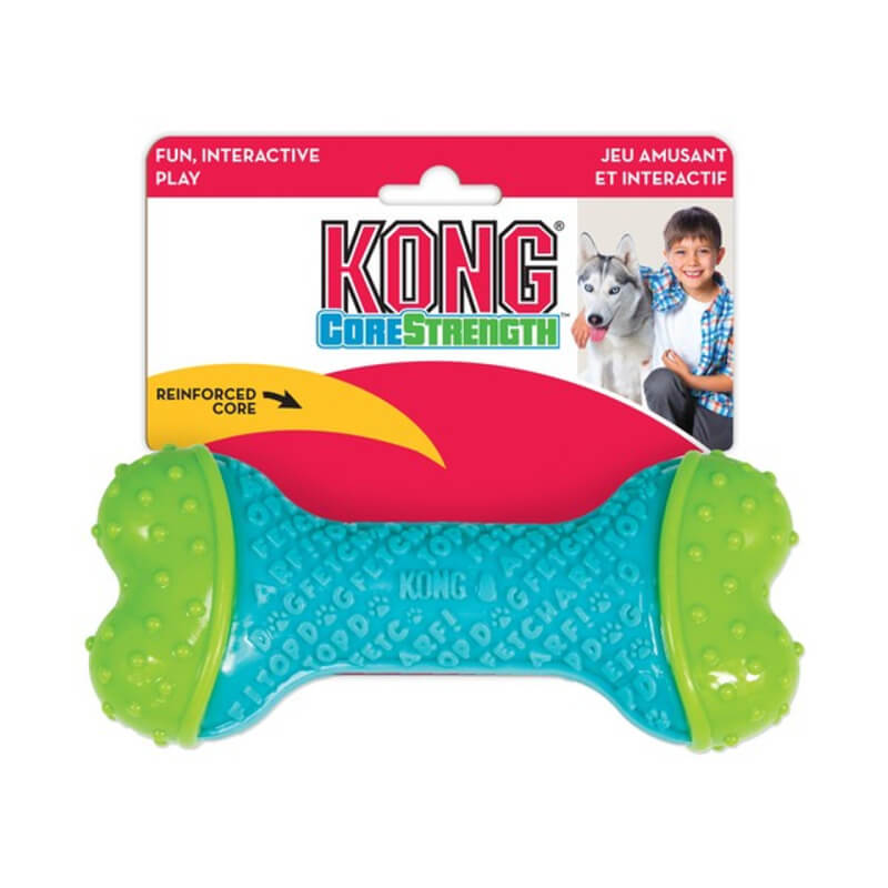 Kong CoreStrength Bone Medium/Large dog toy for power chewers, in packaging with boy &amp; husky.