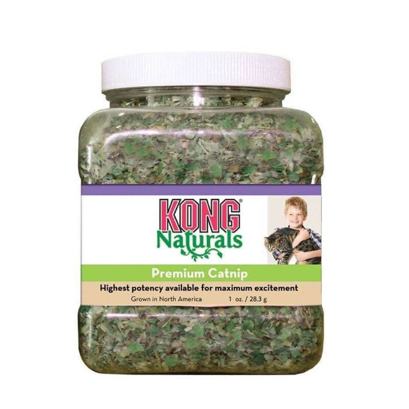 Kong Cat Natural Premium Catnip 1oz jar from Kong, with a child and cat on the label.
