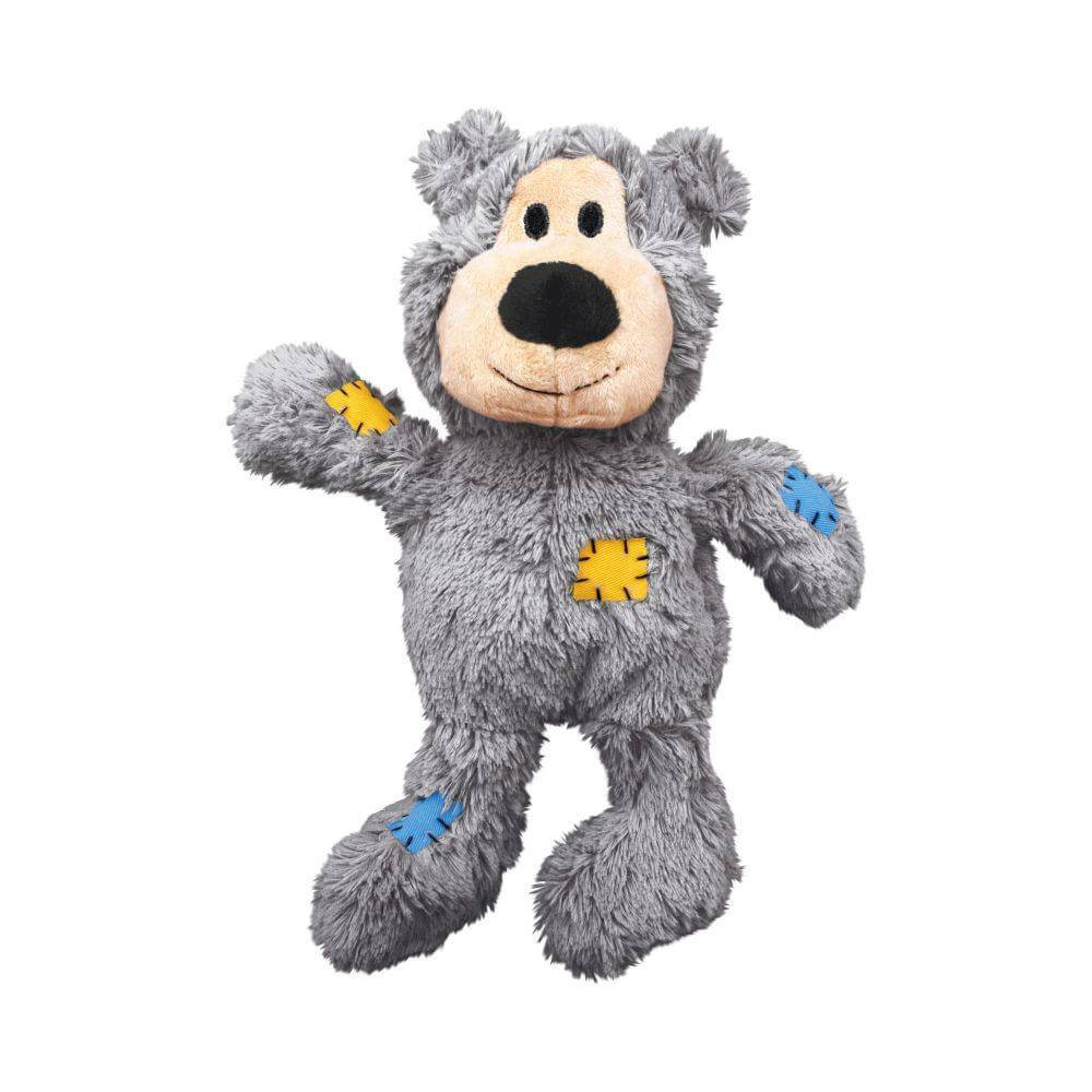 Kong Wild Knots Bear by Kong: gray squeaky plush dog toy with colorful patchwork.