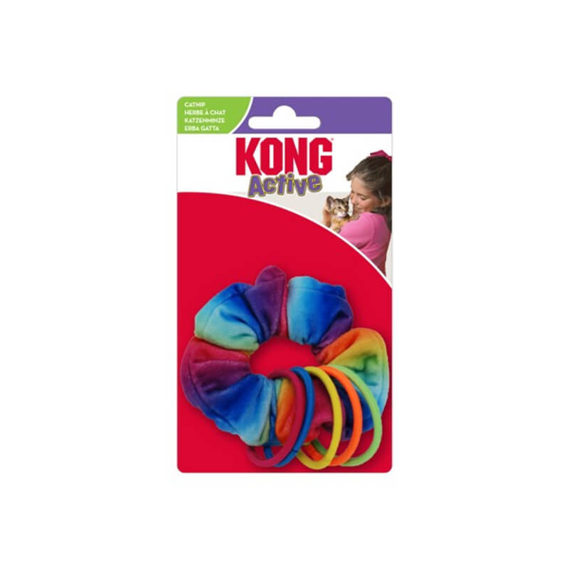Kong KONG Cat Active Scrunchie catnip toy with colorful rings, girl holding a cat.