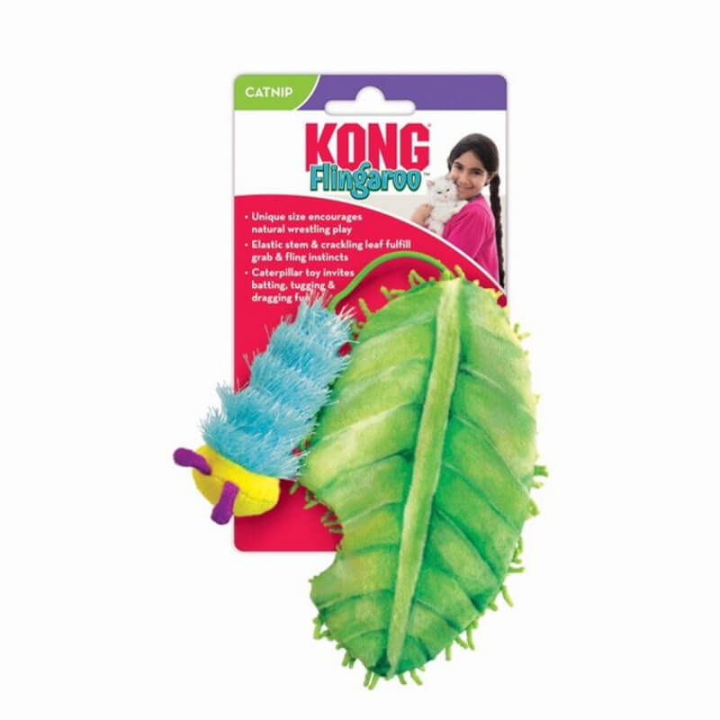 Kong Flingaroo Caterpillar interactive cat toy set by Kong, green leaf and blue caterpillar.