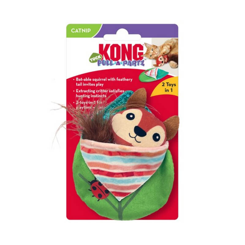 Kong Pull-A-Partz Tuck catnip toy by Kong with colorful packaging and cartoon cat.