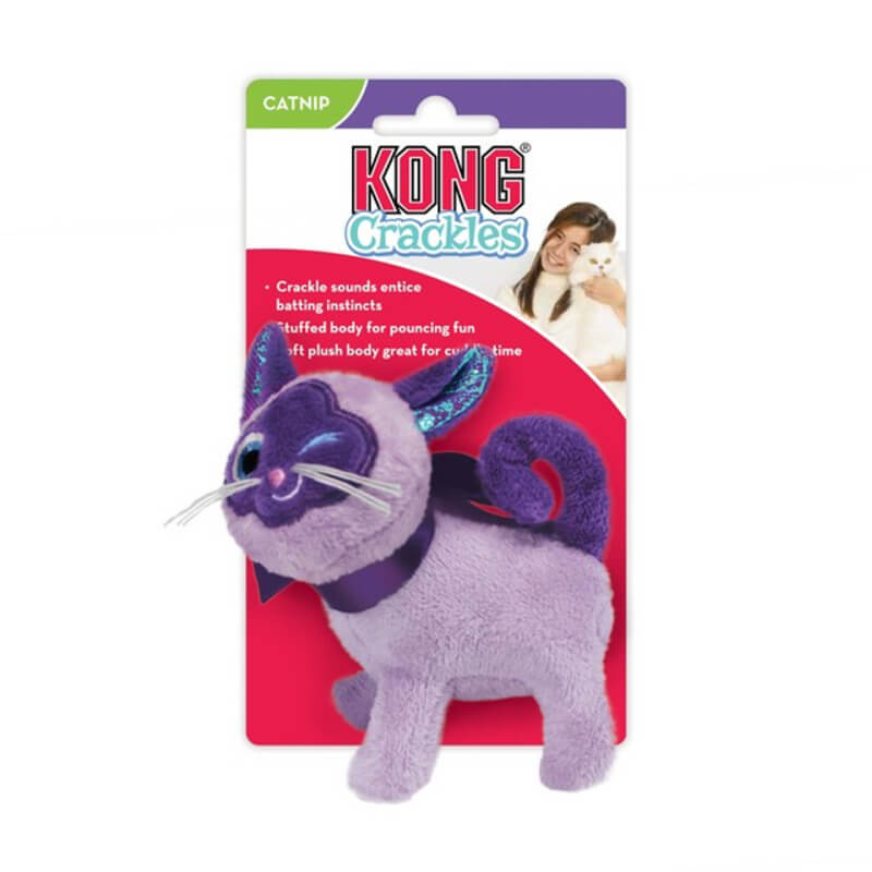 Kong Crackles Winkz Cat toy by Kong, purple with shiny ears, shown in a woman’s hand on packaging.