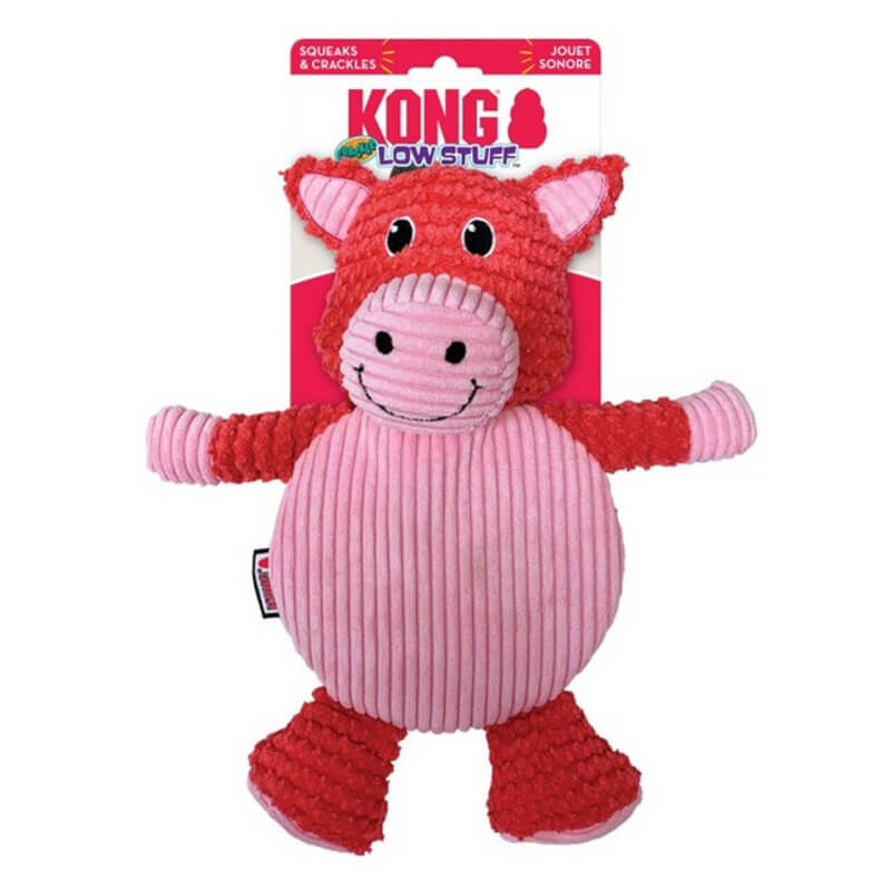 Kong Low Stuff Crackle Tummiez Pig Large is a durable pink and red dog toy with crackle sound.
