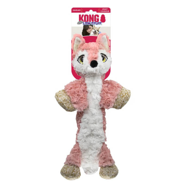 Kong Low Stuff Flopzie Fox Medium: plush pink and white squeaky dog toy with minimal stuffing.