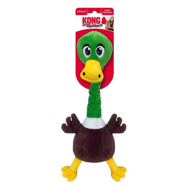 KONG Shakers Bobz Mallard Medium plush dog toy with green head, yellow beak, and squeaker.