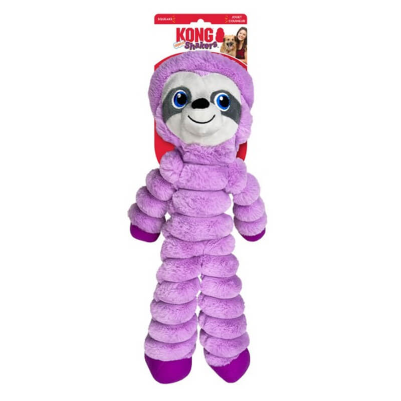 Kong Shakers Crumples Sloth XL: plush purple dog toy with ribbed body and grunting squeaker.