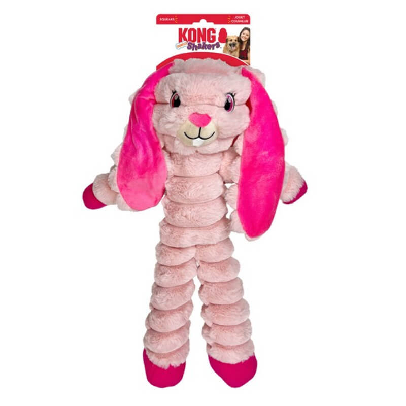 Kong Shakers Crumples Bunny XL—pink plush squeaky dog toy with floppy ears and spiral body.