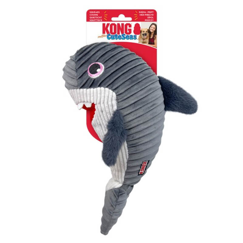 Kong Cuteseas Rufflez Shark M/L dog toy with smiling face in Kong packaging.