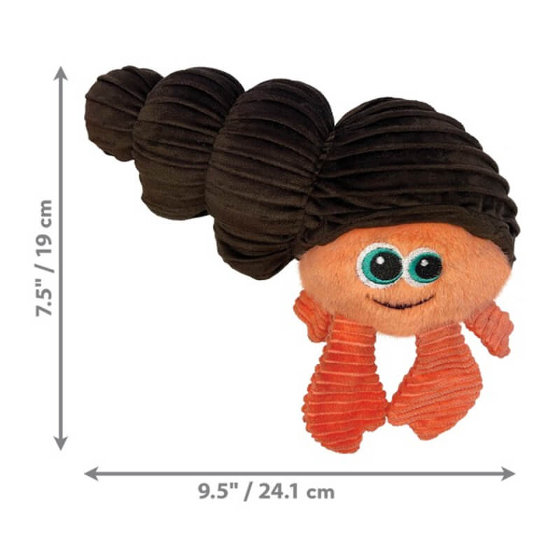 Kong Cuteseas Rufflez Hermit Crab S/M dog toy with big eyes, orange claws, and brown shell.
