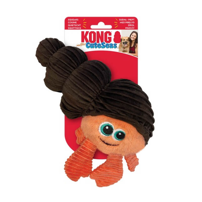 Kong Cuteseas Rufflez Hermit Crab S/M dog toy with plush orange claws.