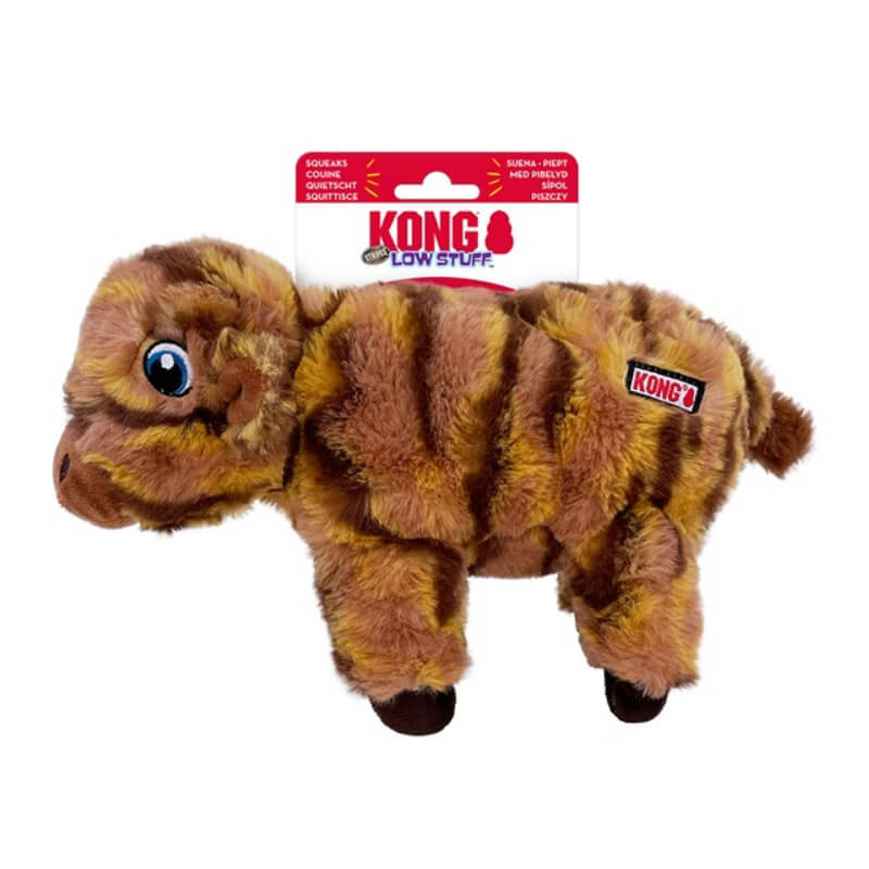 Plush brown KONG Low Stuff Stripes Cow dog toy, medium size, with product tag attached.
