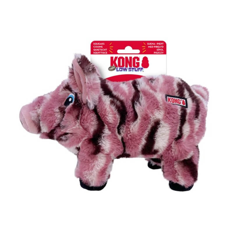 Kong KONG Low Stuff Stripes Pig Medium dog toy, pink/brown with squeaker, packaging attached.