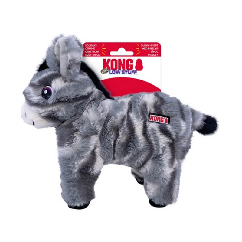 KONG Low Stuff Stripes Donkey Medium dog toy with squeaker, on red Kong packaging.