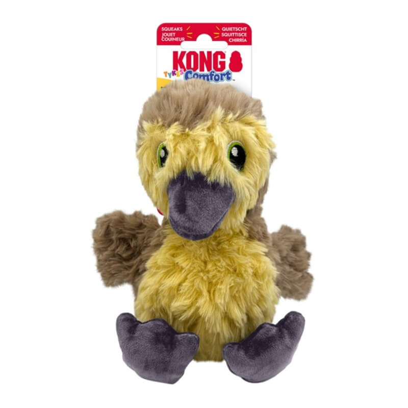 A small plush yellow and brown KONG Comfort Tykes Gosling dog toy by Kong with squeaker.