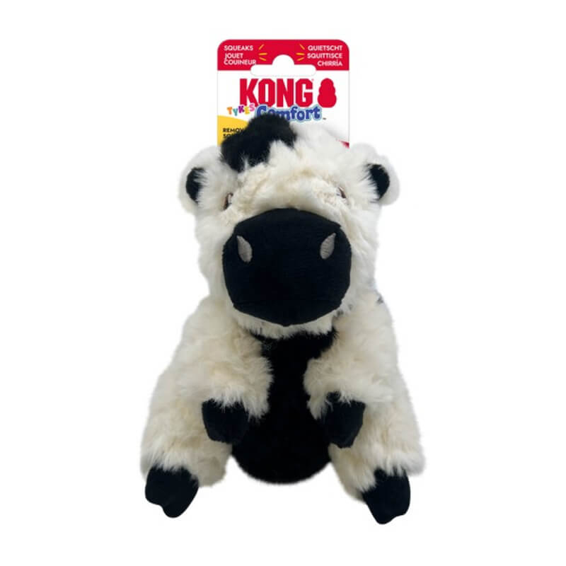 KONG Comfort Tykes Cow Small squeaker toy with soft fur and the Kong label at the top.