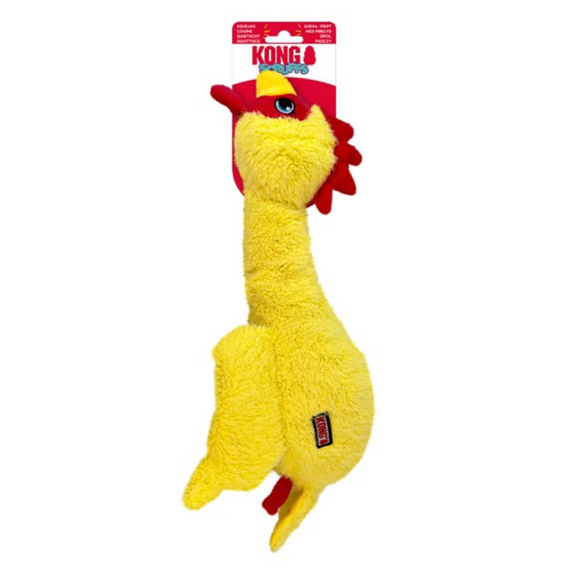 Kong KONG Scruffs Chicken M/L plush yellow dog toy with red beak and squeaker.