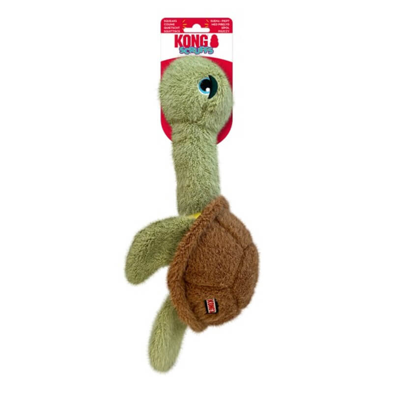 KONG Scruffs Turtle M/L dog toy, plush with a green head and brown shell by Kong.