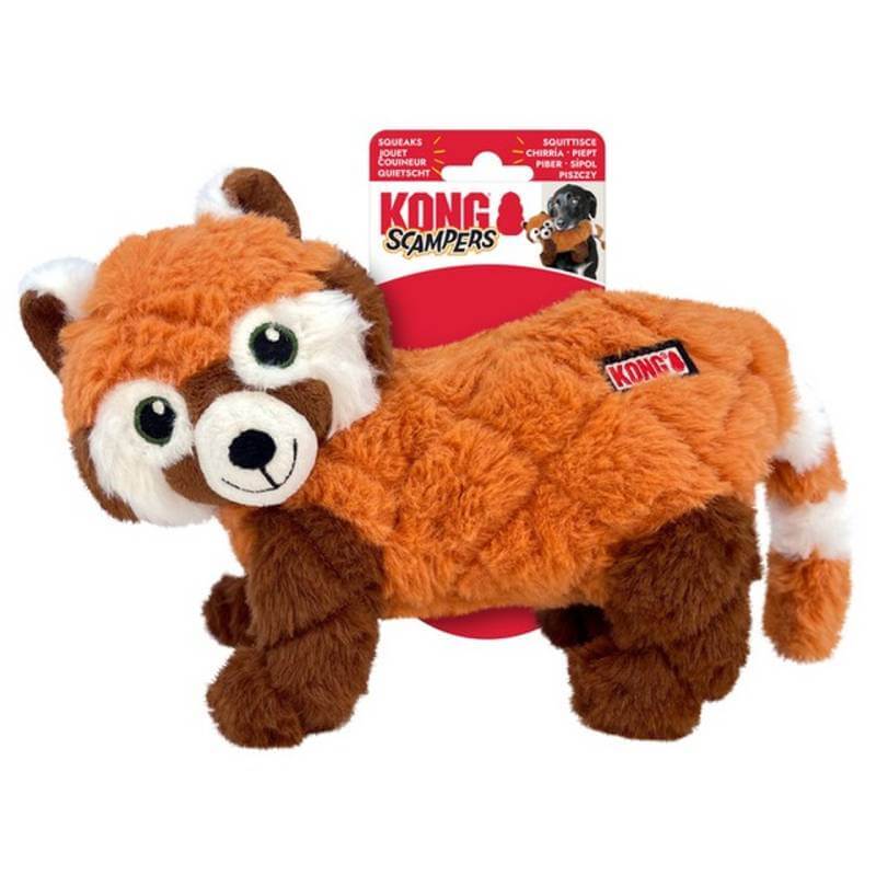 KONG Scampers Red Panda Medium dog toy, with squeaker, in red packaging.