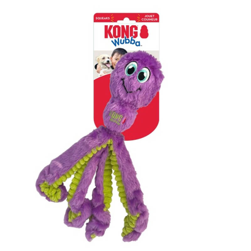 KONG Wubba Octopus Assorted Large dog toy, plush squeaker, red & white package, by KONG.