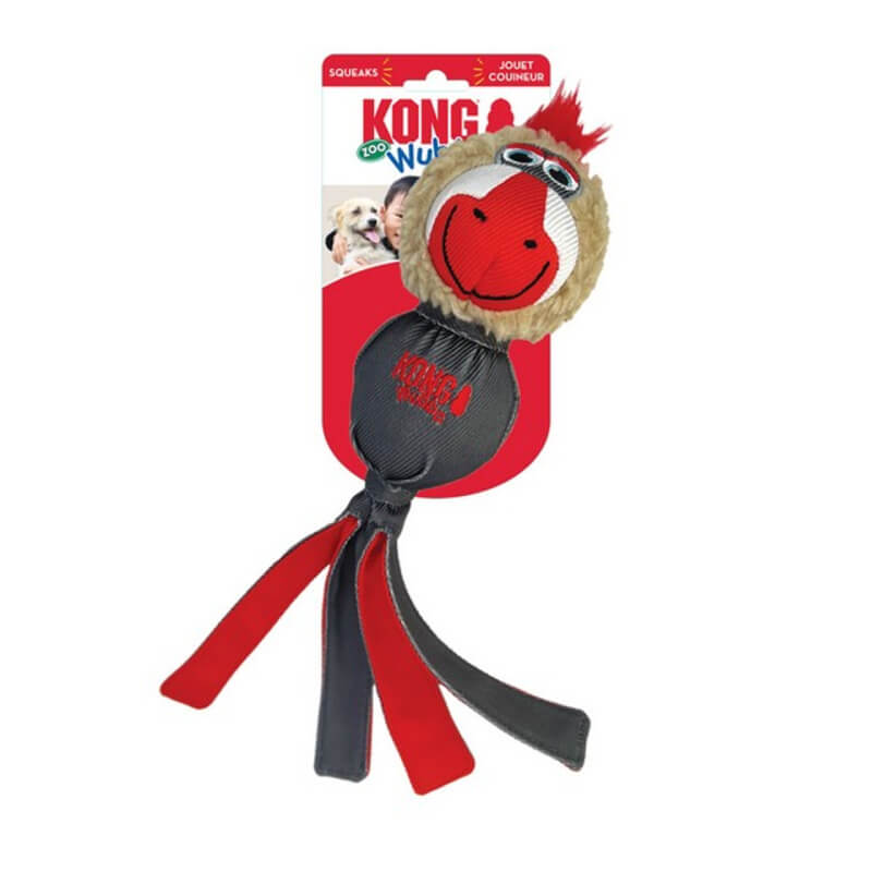 KONG Wubba Zoo Mandrill Large toy features long tails and durable red and black fabric.