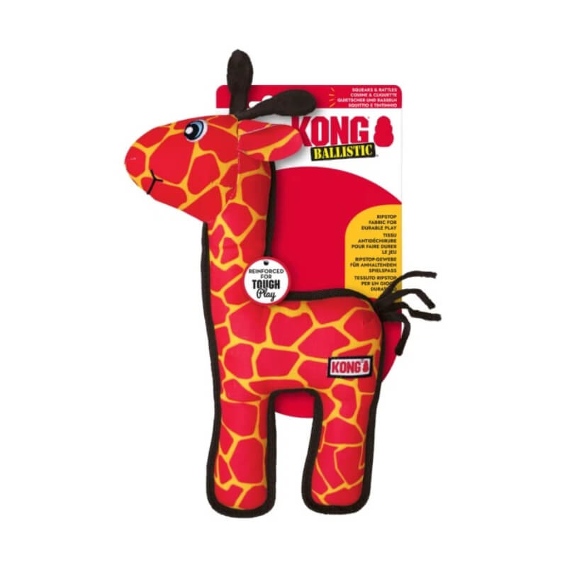 KONG Ballistic Giraffe Medium/Large, durable dog toy by Kong in red-yellow packaging.
