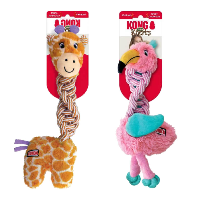 Kong Knots Twists Assorted Sm/Md: plush giraffe &amp; flamingo dog toys with braided rope necks.