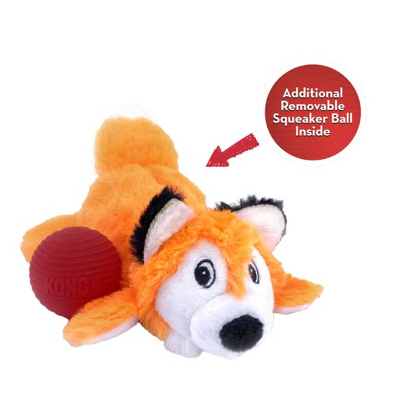 Kong Cozie Pocketz Fox Medium by Kong features plush, squeaker balls, and a red ball inside.