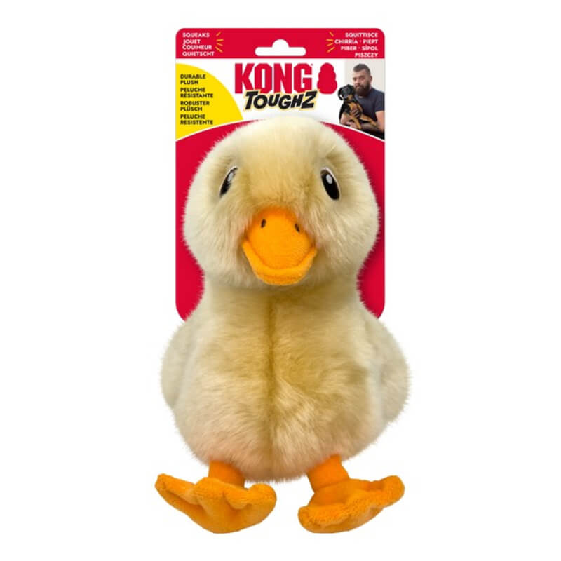 Kong KONG Toughz Duck Medium: Durable plush dog toy with orange beak, feet, and double squeaker.