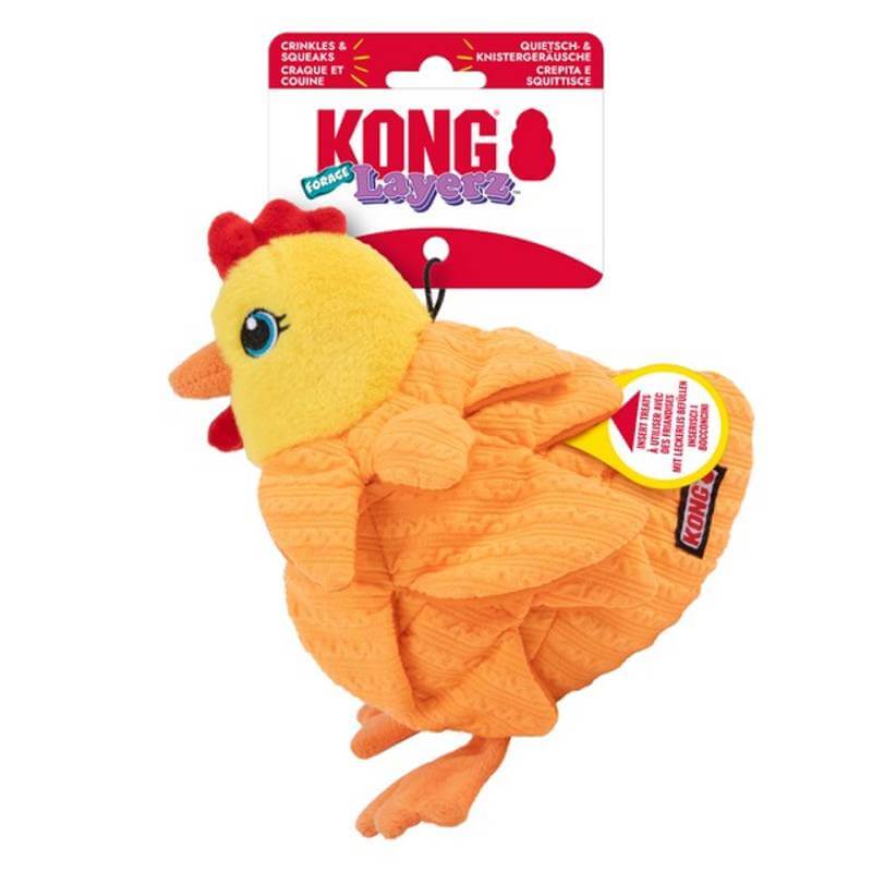 Kong Layerz Forage Hen Medium dog toy with orange body and red accents, white-red tag.