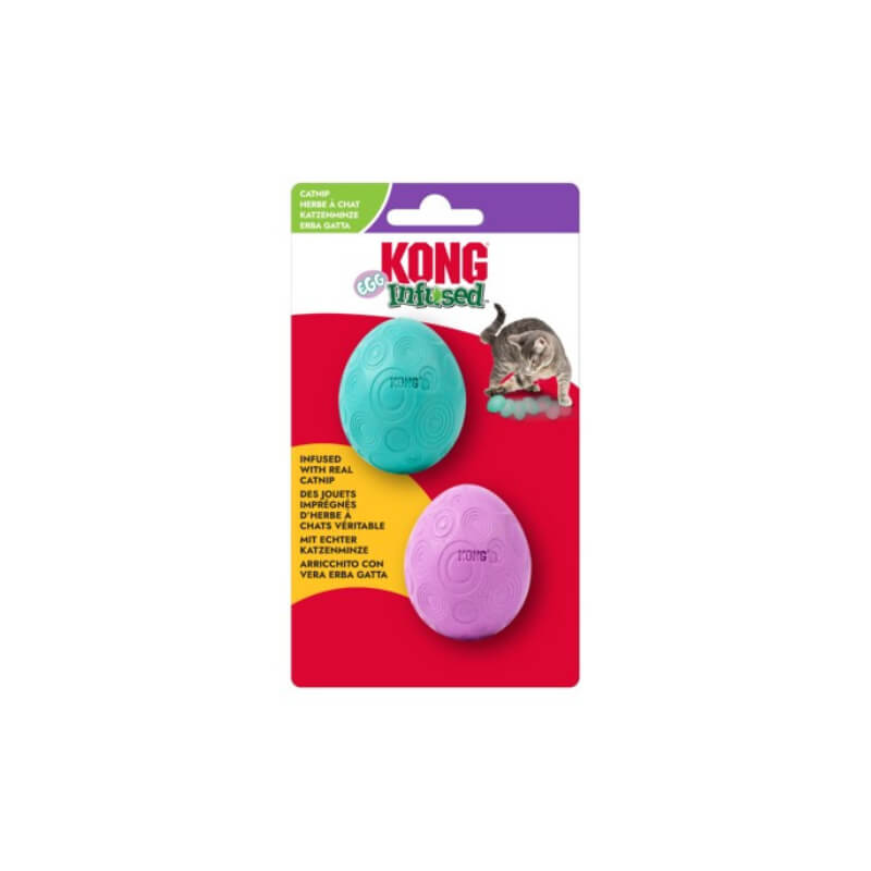 KONG Infused Catnip Egg 2pk by Kong: two catnip-infused egg toys in packaging.