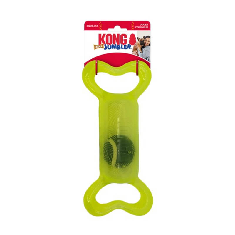 KONG Jumbler Tug Assorted S/M is a tough, ball-in-toy for interactive dog play.