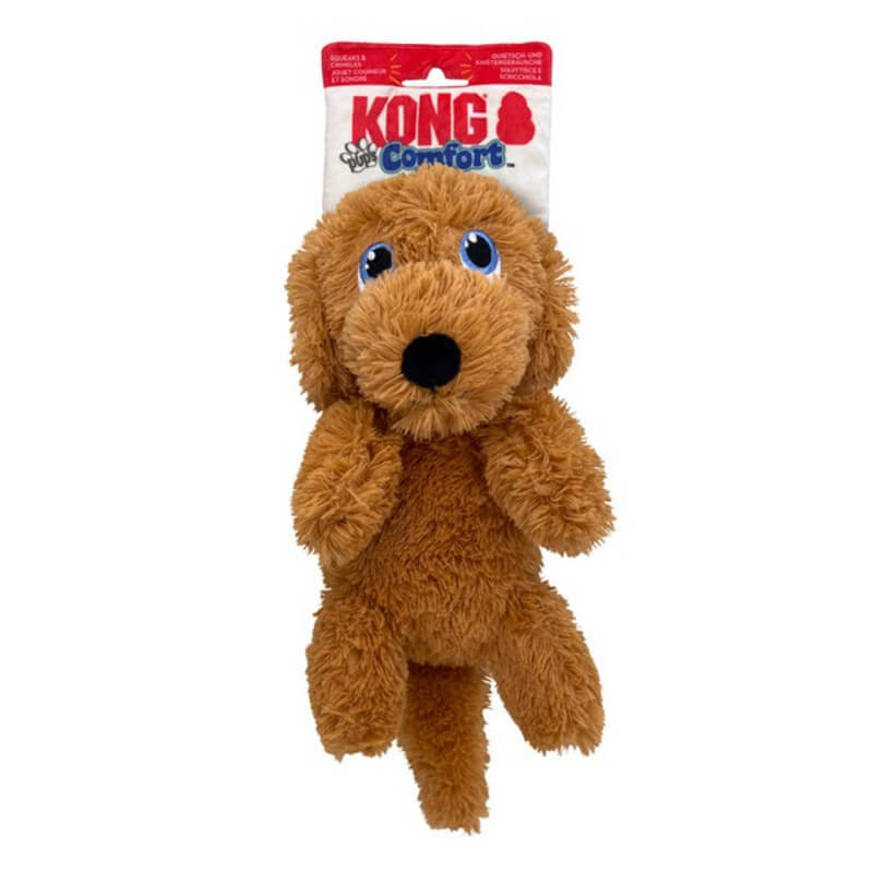 Kong Comfort Pups Goldie Medium is a plush squeaker dog toy with large eyes in its packaging.