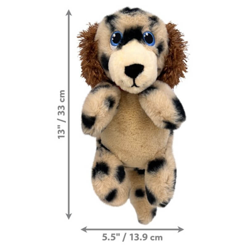 Kong Comfort Pups Spot Medium by Kong: plush dog toy with blue eyes, brown ears, black spots.