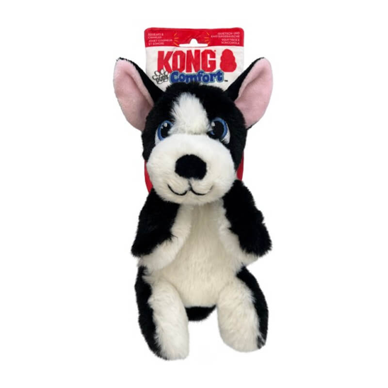 Kong Comfort Pups Boss Small plush toy by Kong, black and white with blue eyes and squeaker.