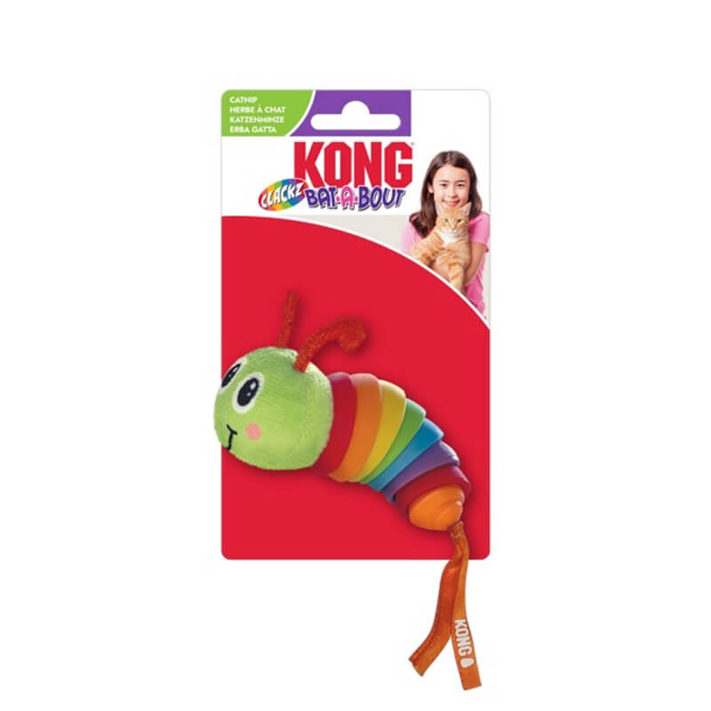Woman smiling, holding KONG Bat-A-Bout Clackz Caterpillar catnip toy by Kong in packaging.