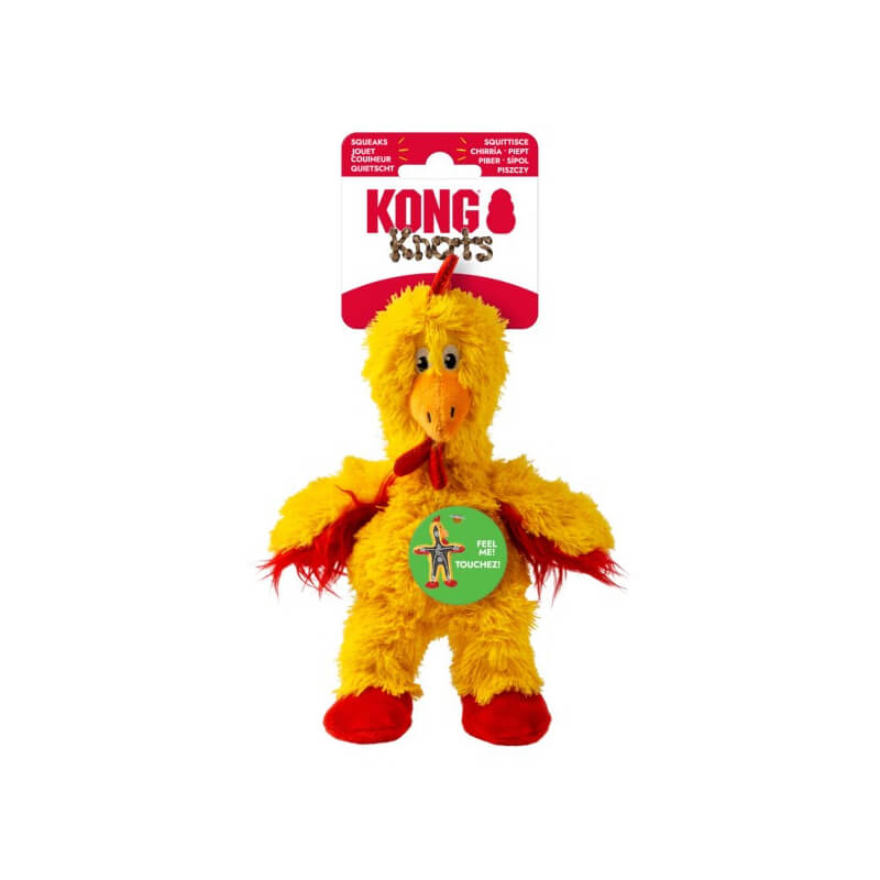 KONG Knots Chicken Small by Kong, a plush yellow and red dog toy on white background.