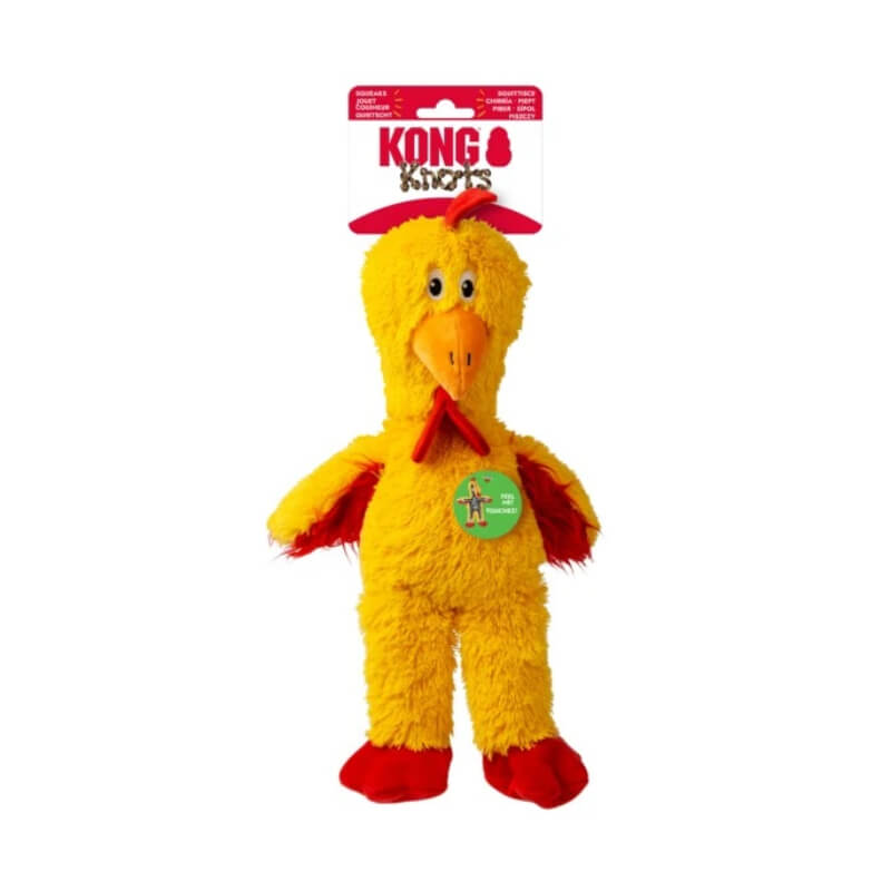 Kong KONG Knots Chicken Medium/Large plush dog toy with red feet, beak, and rope details.