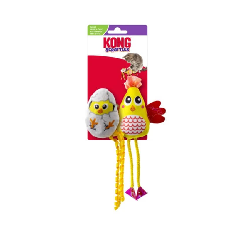 Kong KONG Scrattles Chicken 2pk includes one chick and one chicken cat toy in packaging.