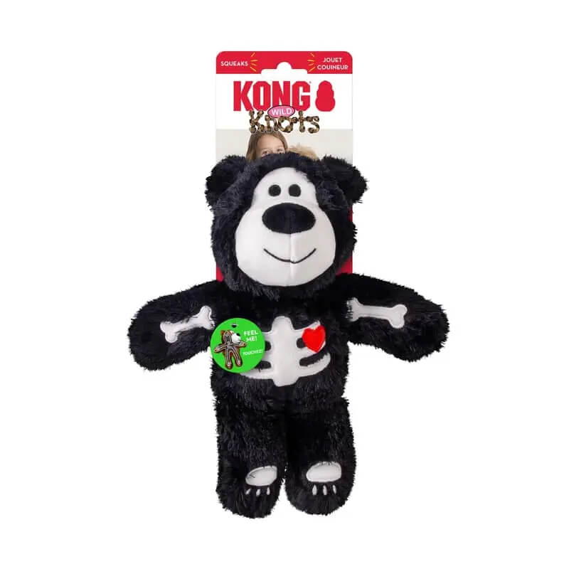 KONG Halloween Wild Knots Skeleton Bear M/L: plush black bear with white bones and red heart.