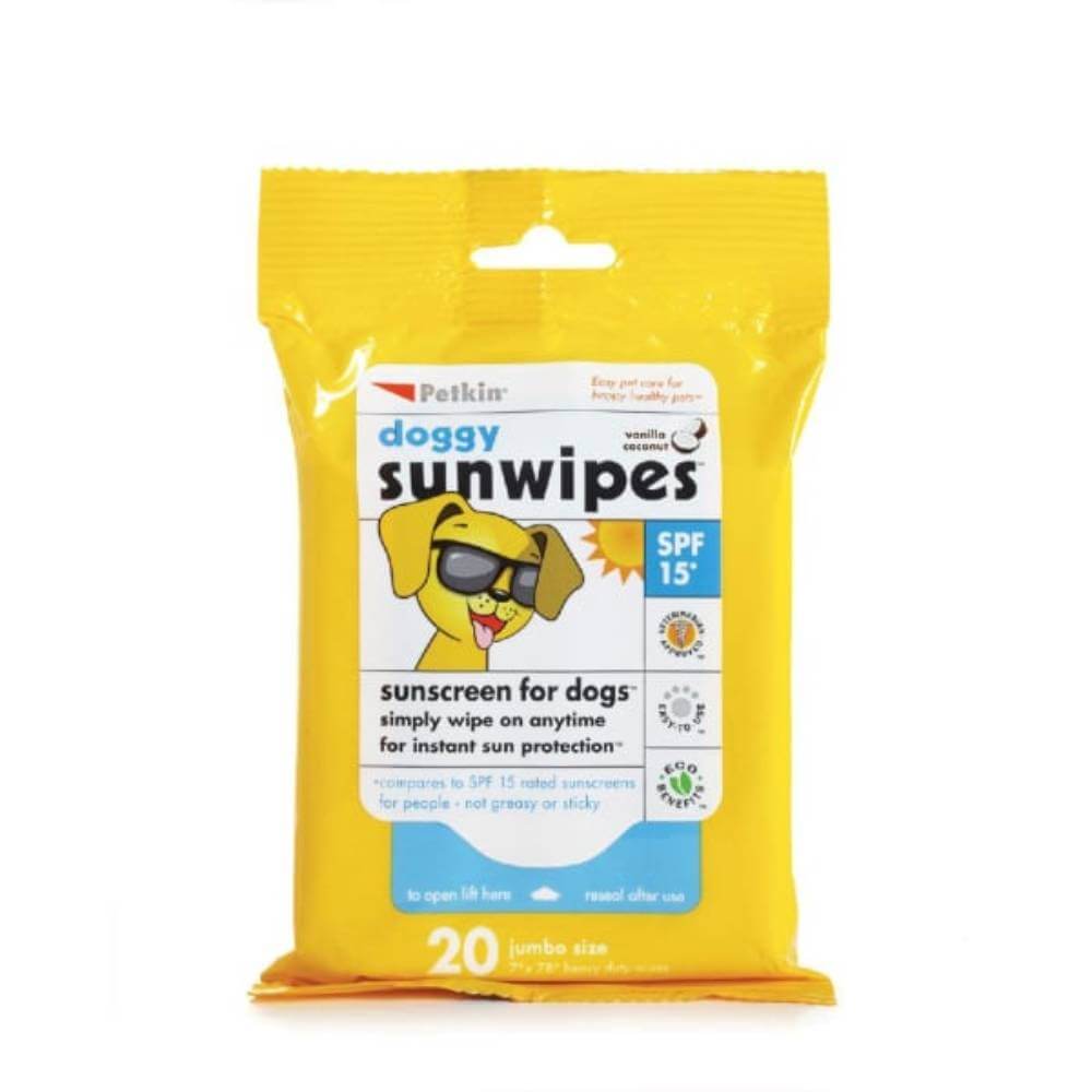 Petkin Doggy Sunwipes Sunscreen for Dogs SPF 15 offers sun protection in a yellow pack.