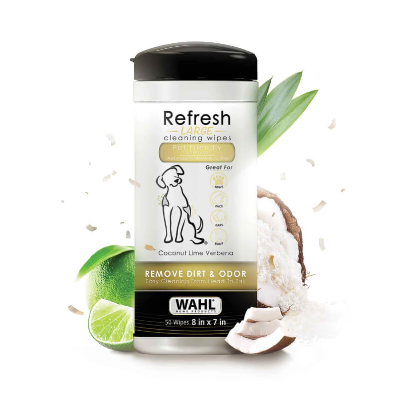 Wahl Dog Refresh Cleaning Wipes in Coconut Lime Verbena, alcohol-free with lime and leaves.