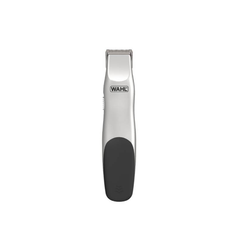 Wahl Battery Pet Trimmer, silver and black, stands upright on a white background.