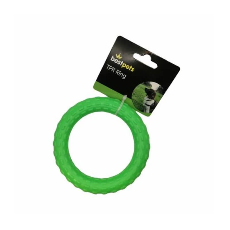 Best Pets BP TPR Ring 12.5cm—green textured interactive dog toy with top label attached.