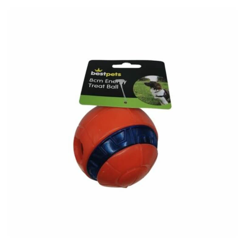 8cm red &amp; blue Best Pets Energy Treat Ball in packaging, interactive dog toy.