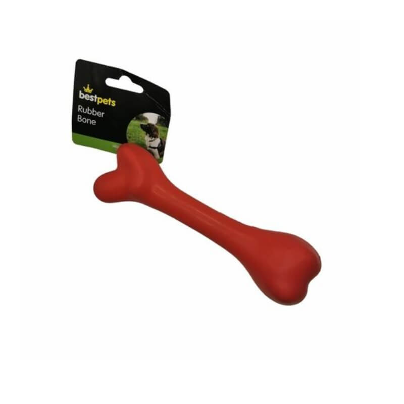 Best Pets Rubber Bone 19cm, red rubber fetch toy with black Best Pets label at end.