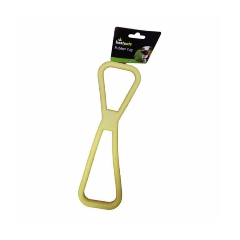 Best Pets Rubber Tug 33.5cm, yellow hourglass dog toy, with packaging on white background.